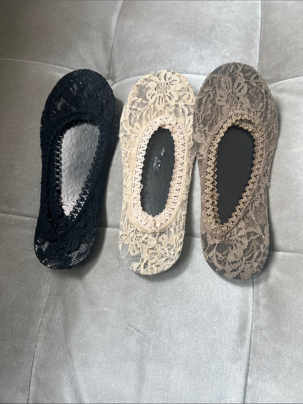 3 New — Lace No-Show Footliner Socks - Black, Beige, Taupe